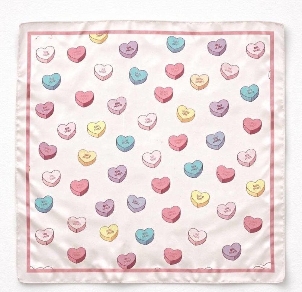 Conversation Heart Scarf | Y2K Pastel Candy Print, Silk-Feel